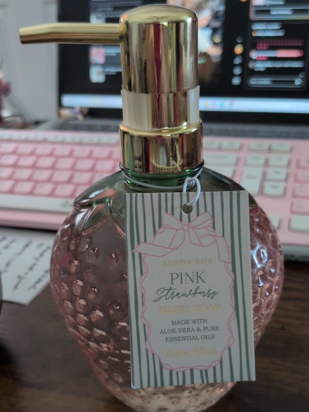 Pink Strawberry Scented Hand Soap - Gold Pump New Glass